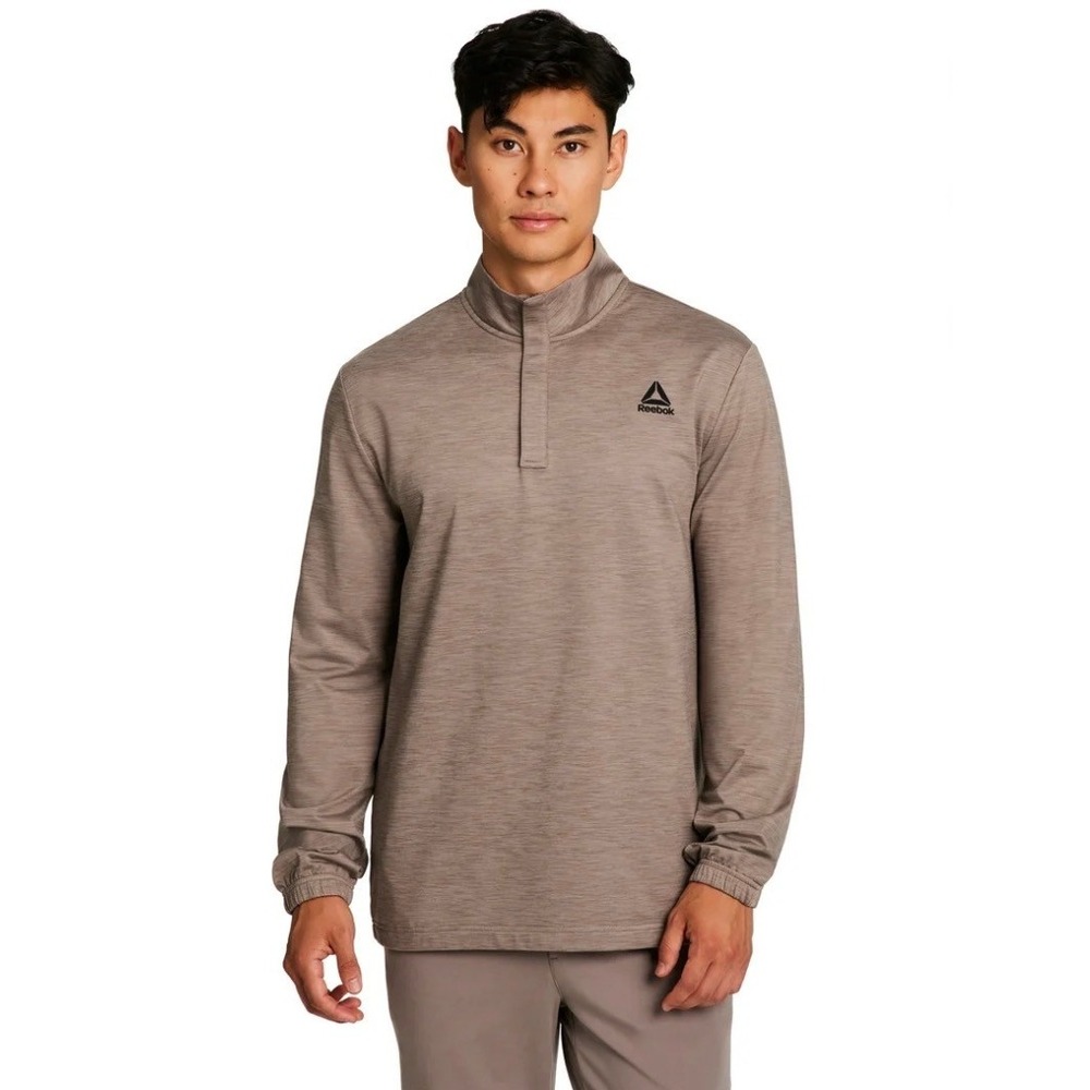 Reebok Mens Quarter Zip Pullover Taupe Heather Athletic‎ Sweatshirt Mock Neck